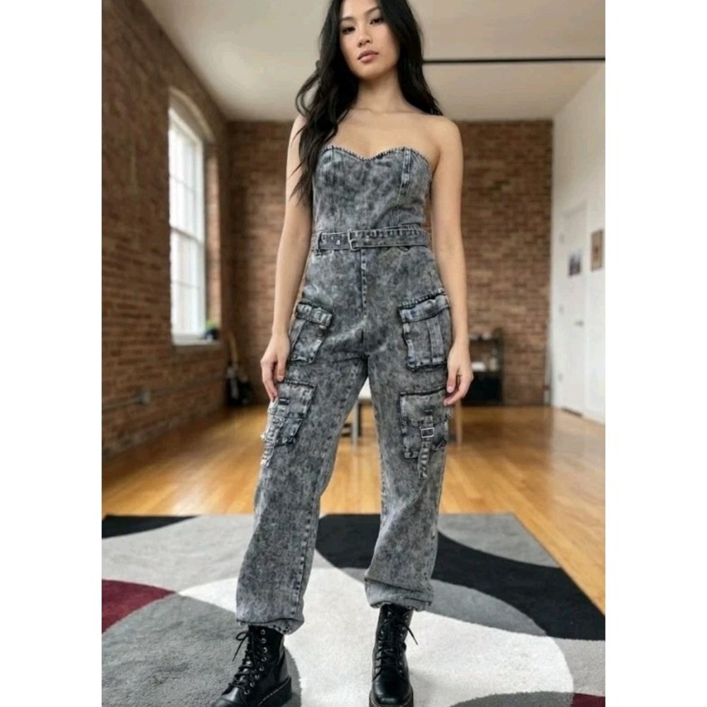 Windsor Denim Cargo Jumpsuit Small S Black Acid Wash Strapless Wide Leg Belted